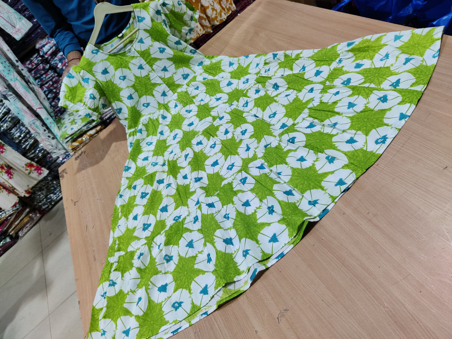 Lime Green White Floral Printed Cotton Midi Dress