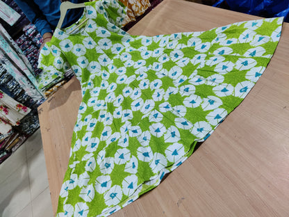 Lime Green White Floral Printed Cotton Midi Dress