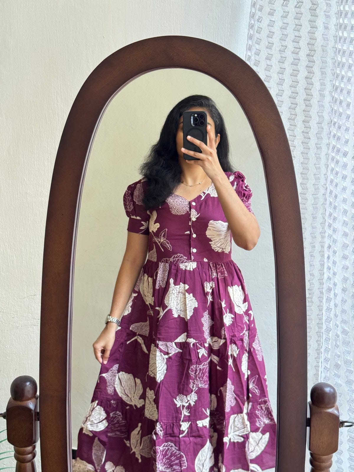 Wine Purple Botanical Printed Cotton Midi Dress