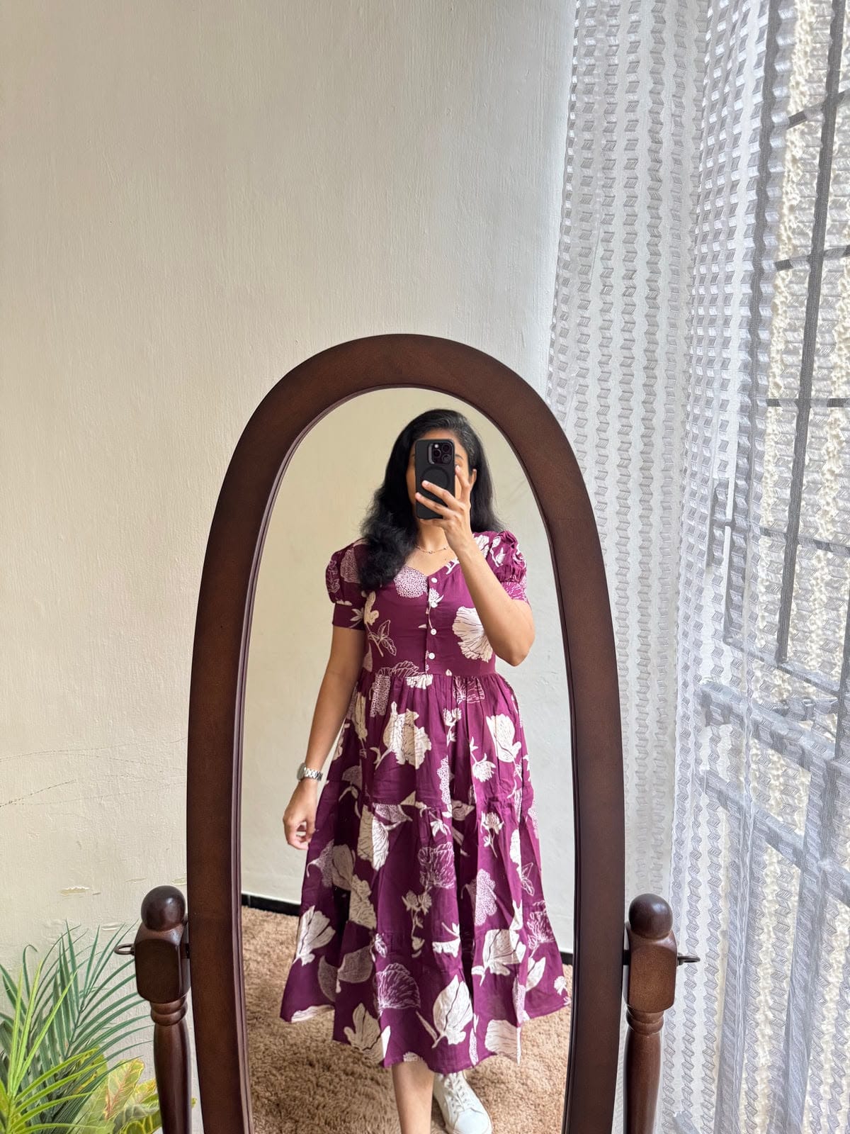 Wine Purple Botanical Printed Cotton Midi Dress