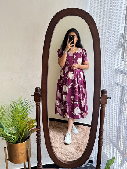 Wine Purple Botanical Printed Cotton Midi Dress