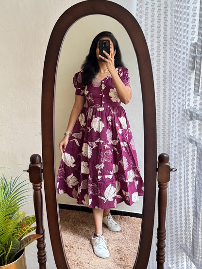 Wine Purple Botanical Printed Cotton Midi Dress