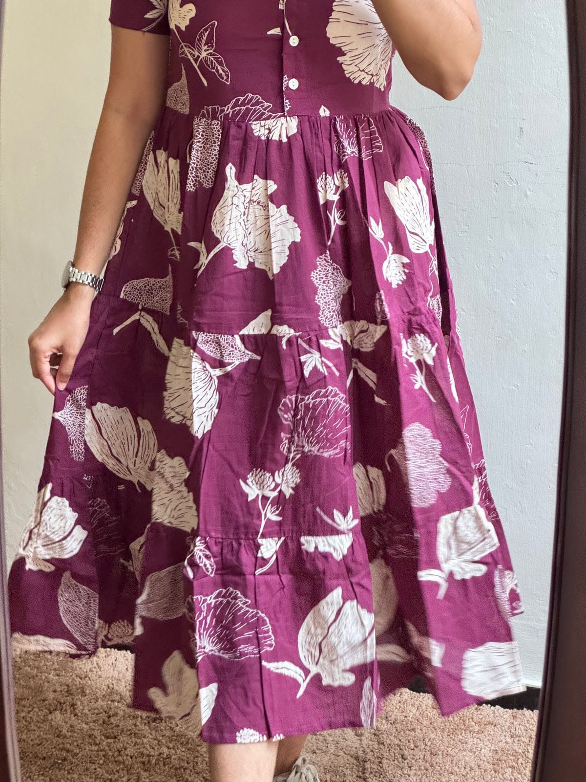 Wine Purple Botanical Printed Cotton Midi Dress