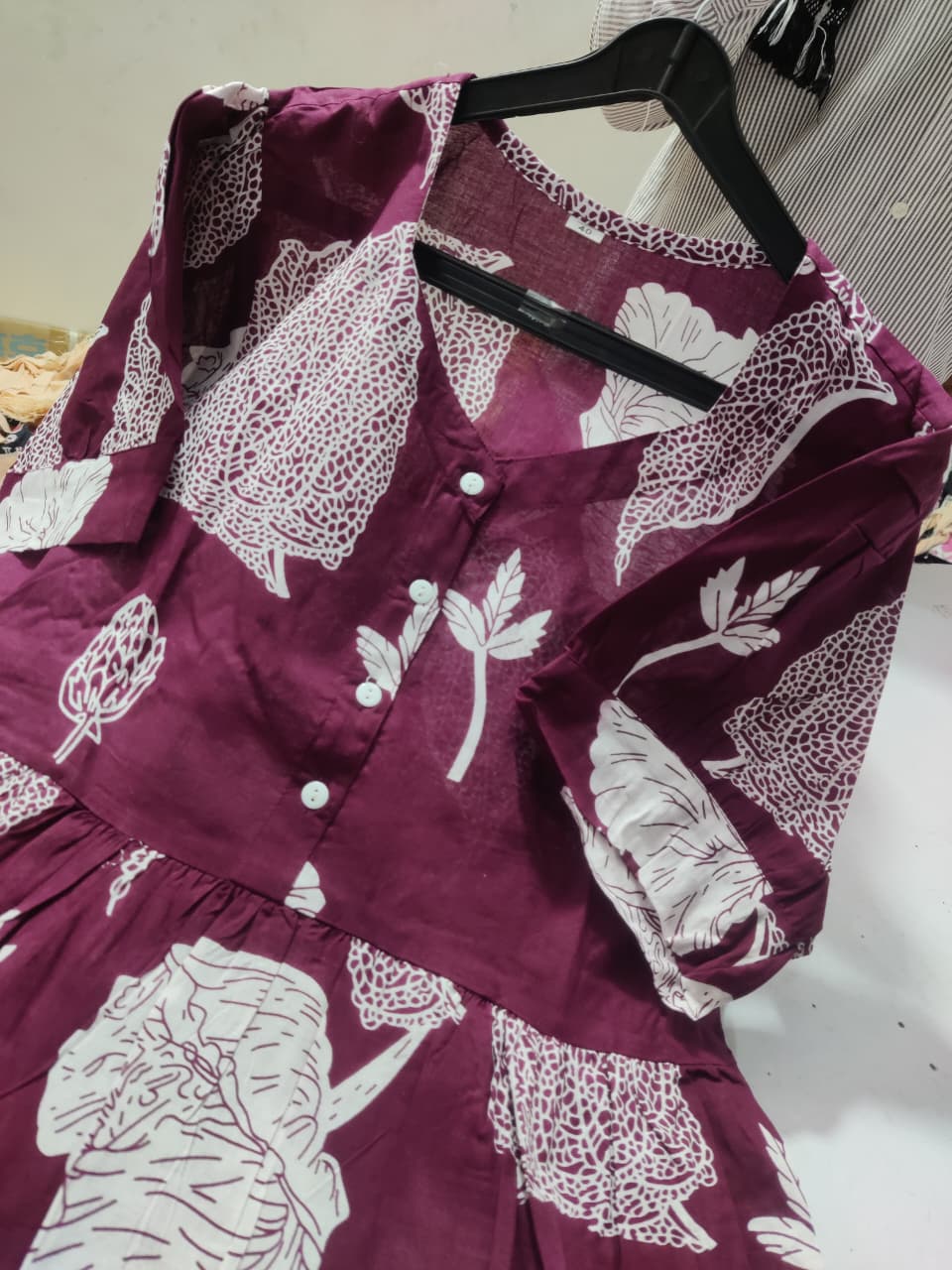 Wine Purple Botanical Printed Cotton Midi Dress