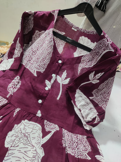 Wine Purple Botanical Printed Cotton Midi Dress