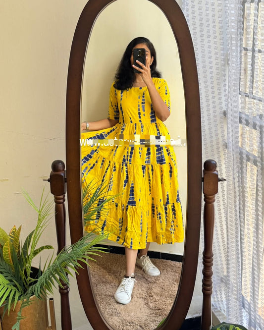 Yellow Blue Tie-Dye Tiered Cotton Midi Dress