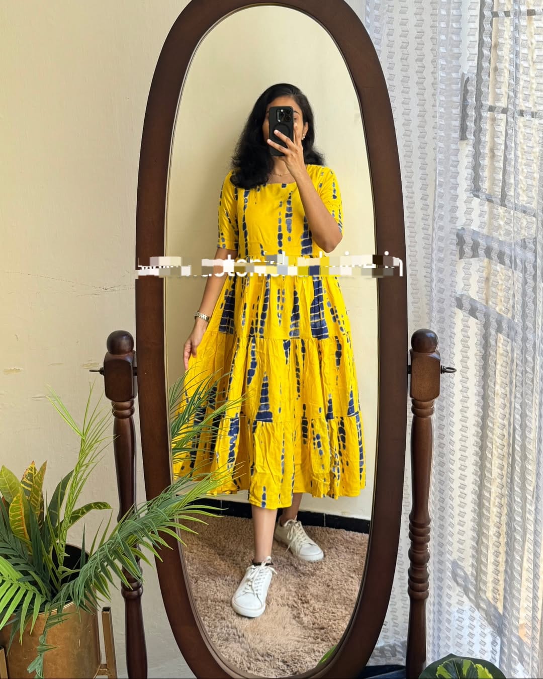 Yellow Blue Tie-Dye Tiered Cotton Midi Dress