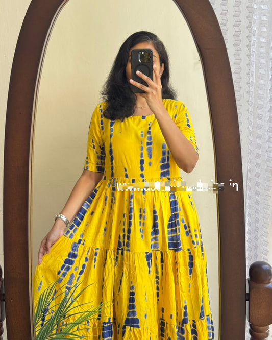 Yellow Blue Tie-Dye Tiered Cotton Midi Dress