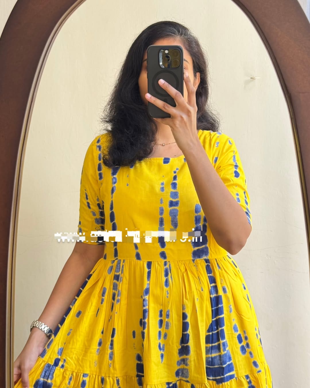 Yellow Blue Tie-Dye Tiered Cotton Midi Dress