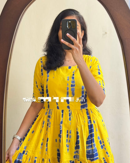 Yellow Blue Tie-Dye Tiered Cotton Midi Dress