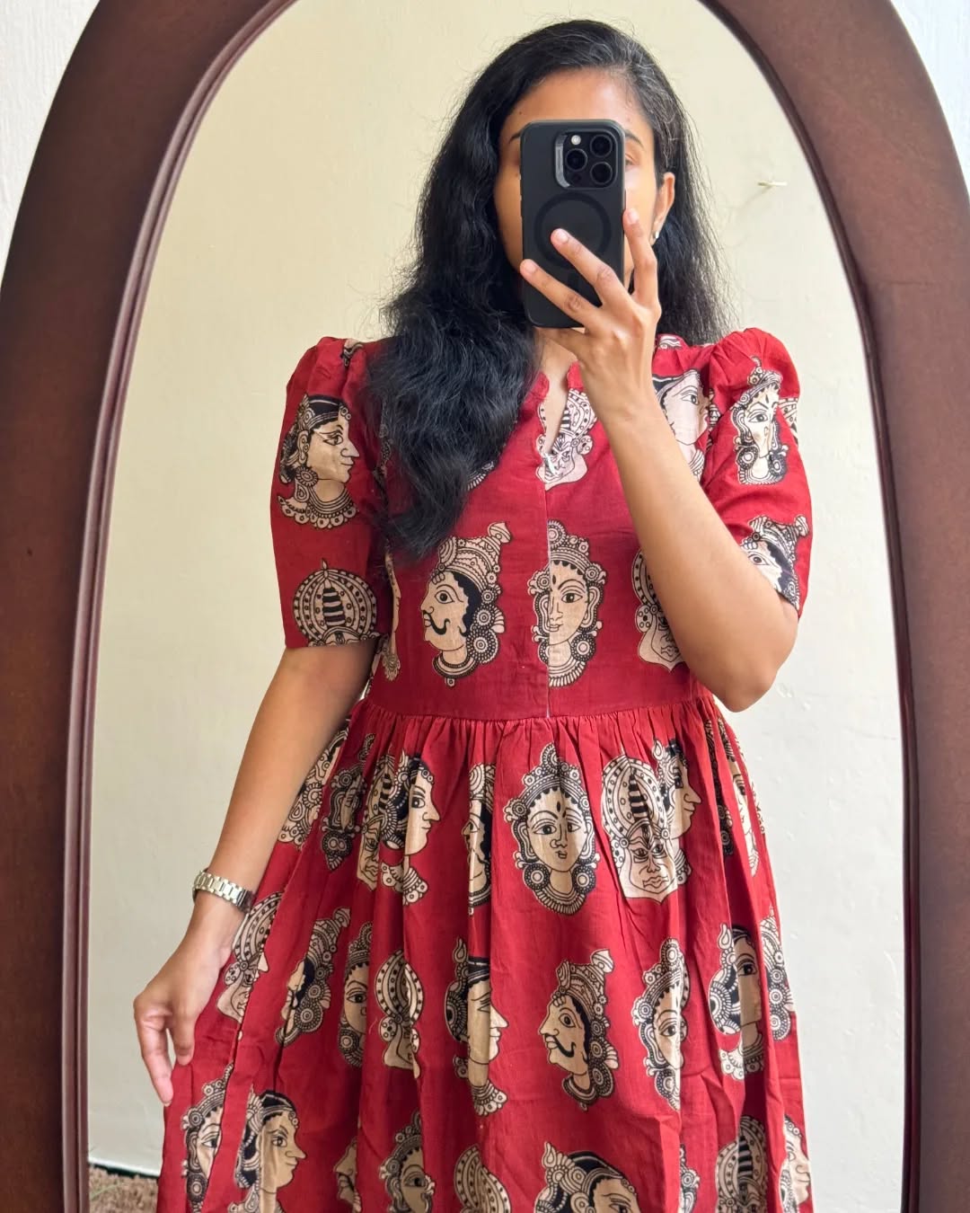 Red Artistic Face Print Cotton Midi Dress