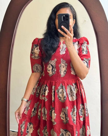 Red Artistic Face Print Cotton Midi Dress