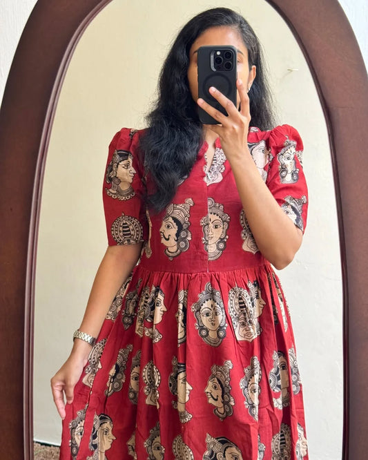 Red Artistic Face Print Cotton Midi Dress