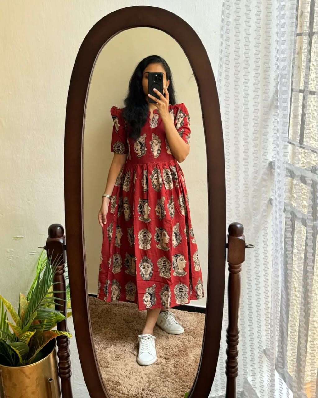 Red Artistic Face Print Cotton Midi Dress