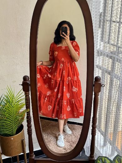 Rust Orange Block Print Tiered Cotton Midi Dress