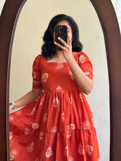 Rust Orange Block Print Tiered Cotton Midi Dress