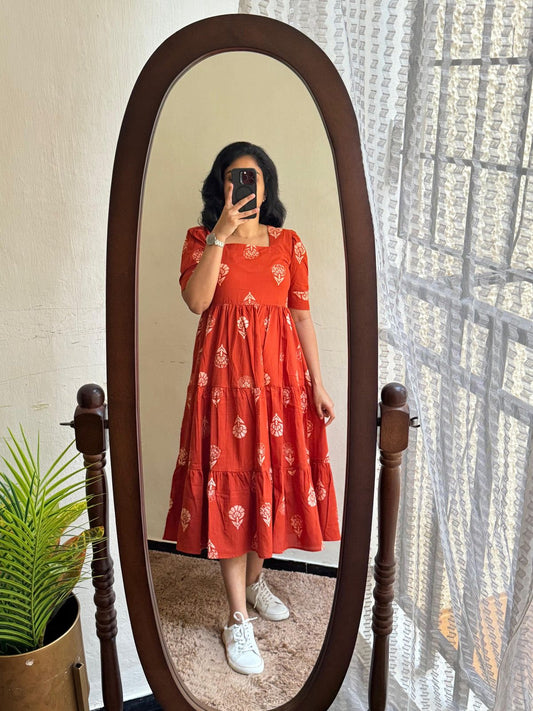 Rust Orange Block Print Tiered Cotton Midi Dress