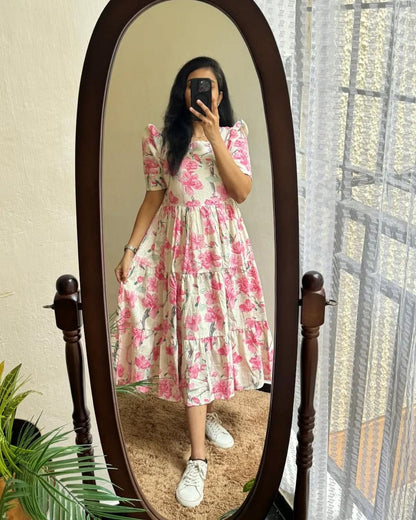 Ivory Pink Floral Print Tiered Cotton Midi Dress