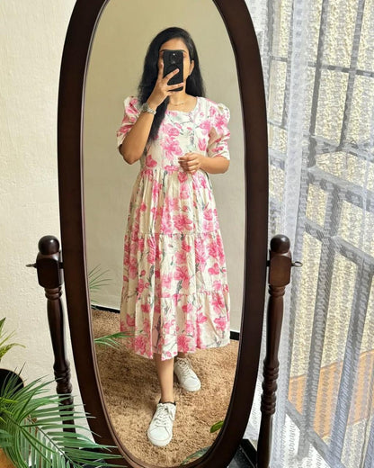 Ivory Pink Floral Print Tiered Cotton Midi Dress