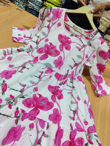 Ivory Pink Floral Print Tiered Cotton Midi Dress