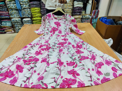 Ivory Pink Floral Print Tiered Cotton Midi Dress