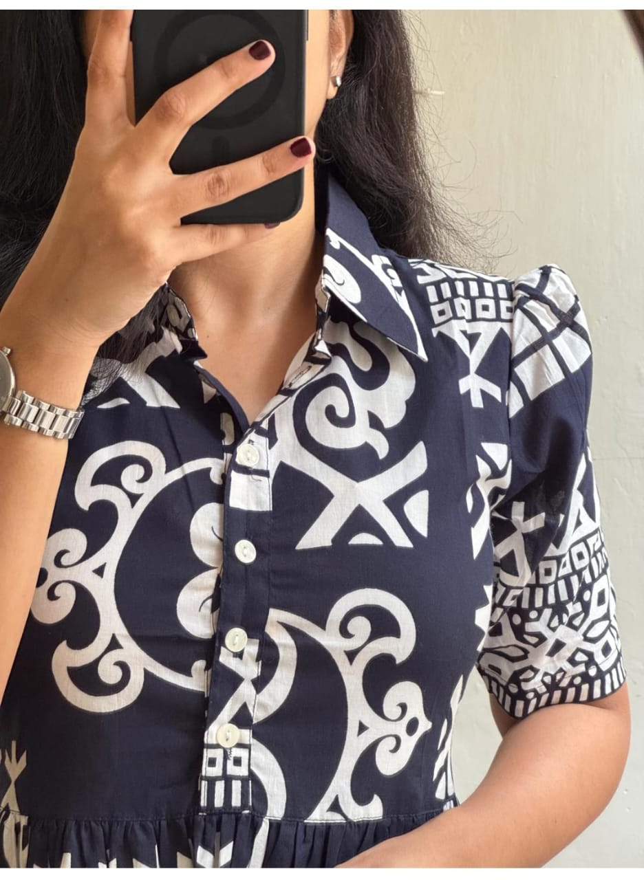 Navy Blue Abstract Geometric Flared Midi Dress