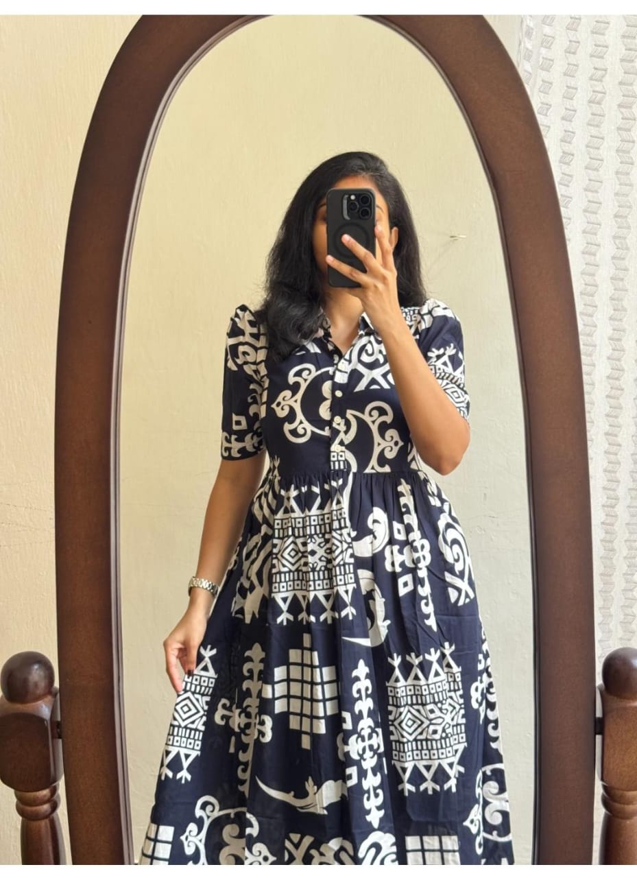 Navy Blue Abstract Geometric Flared Midi Dress