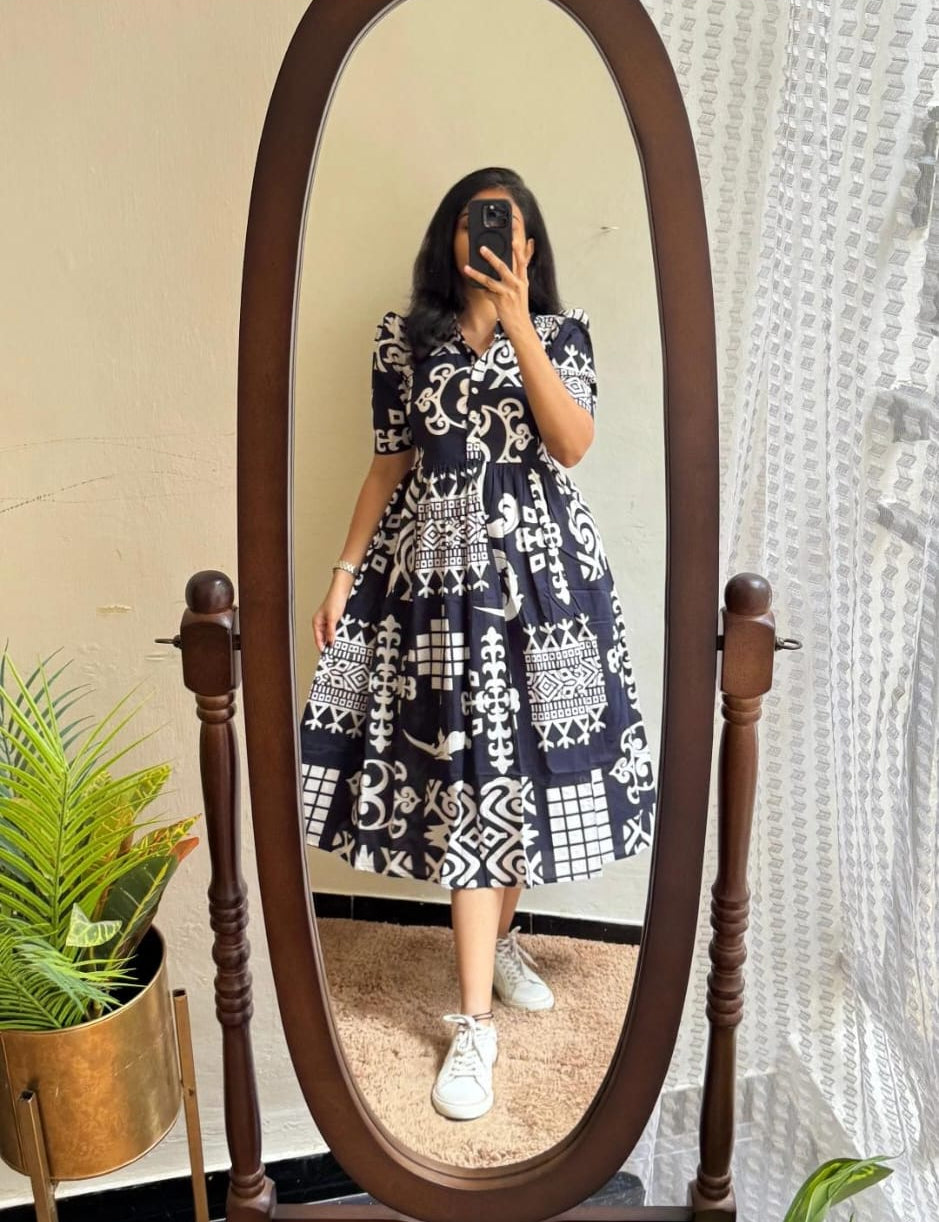 Navy Blue Abstract Geometric Flared Midi Dress