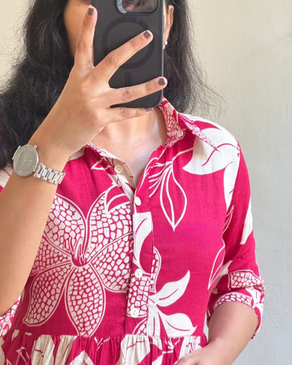 Rani Pink Tropical Floral Print Cotton Midi Dress