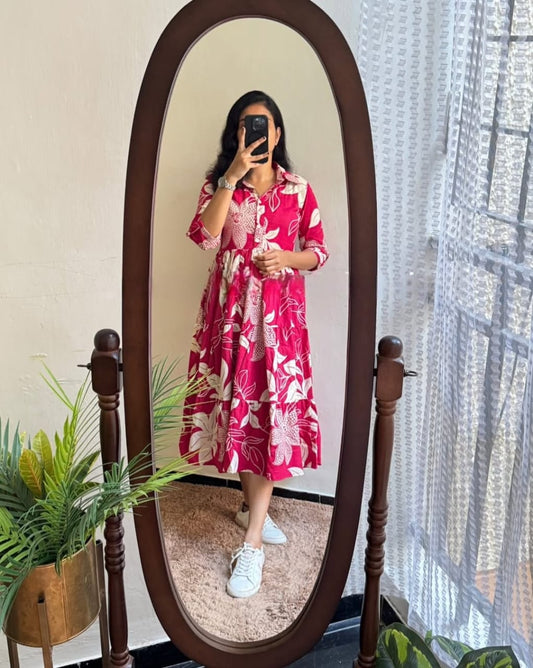 Rani Pink Tropical Floral Print Cotton Midi Dress