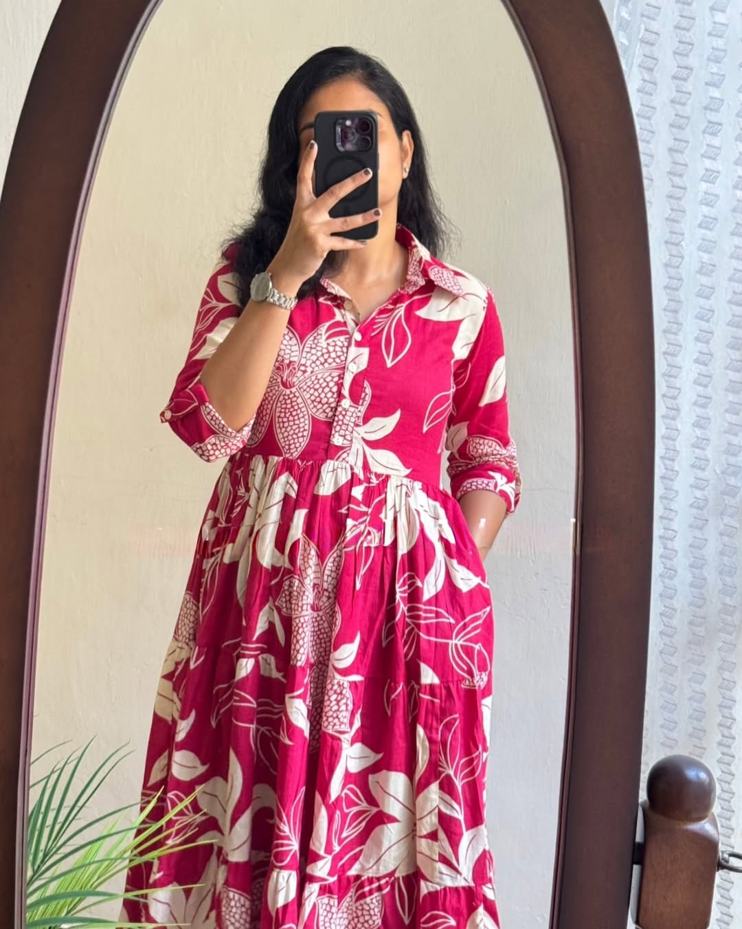 Rani Pink Tropical Floral Print Cotton Midi Dress