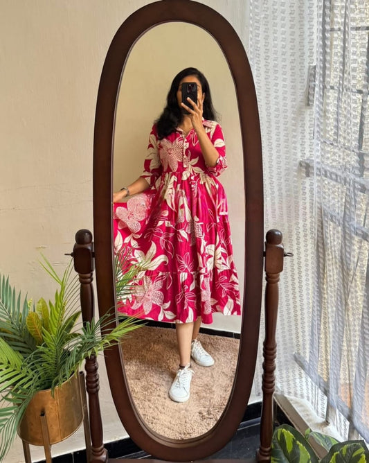 Rani Pink Tropical Floral Print Cotton Midi Dress