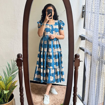 Blue Ethnic Cow Print Cotton Puff Sleeve Midi Dress