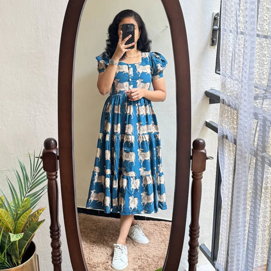 Blue Ethnic Cow Print Cotton Puff Sleeve Midi Dress
