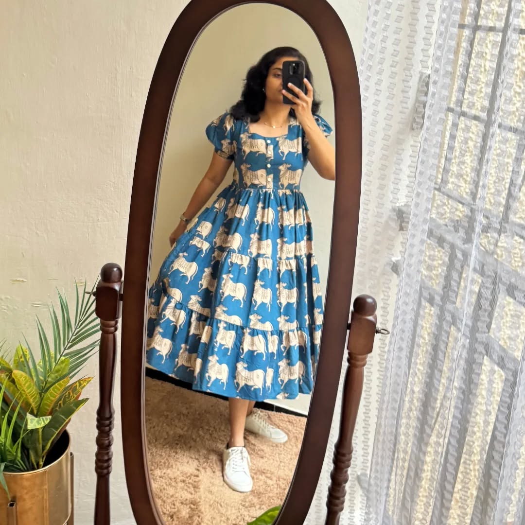 Blue Ethnic Cow Print Cotton Puff Sleeve Midi Dress