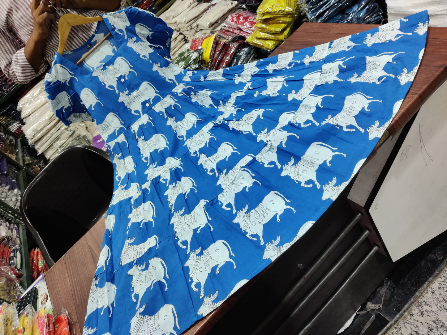 Blue Ethnic Cow Print Cotton Puff Sleeve Midi Dress