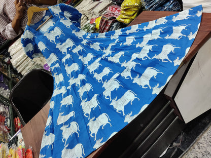 Blue Ethnic Cow Print Cotton Puff Sleeve Midi Dress
