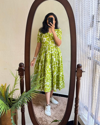 Lime Green Abstract Print Cotton Midi Dress