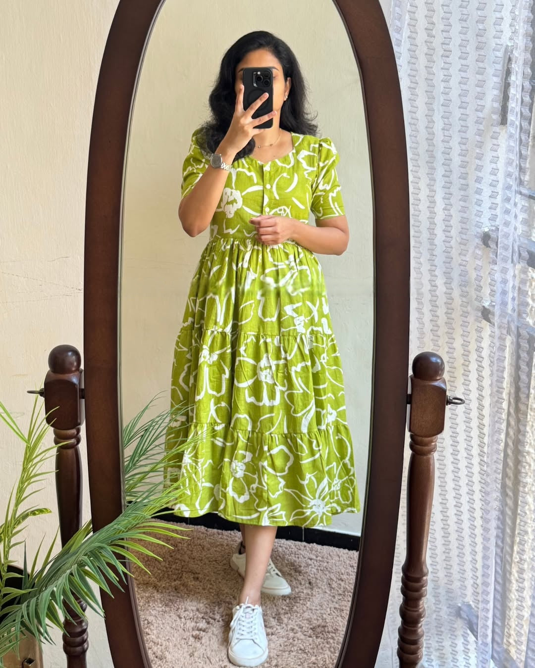 Lime Green Abstract Print Cotton Midi Dress