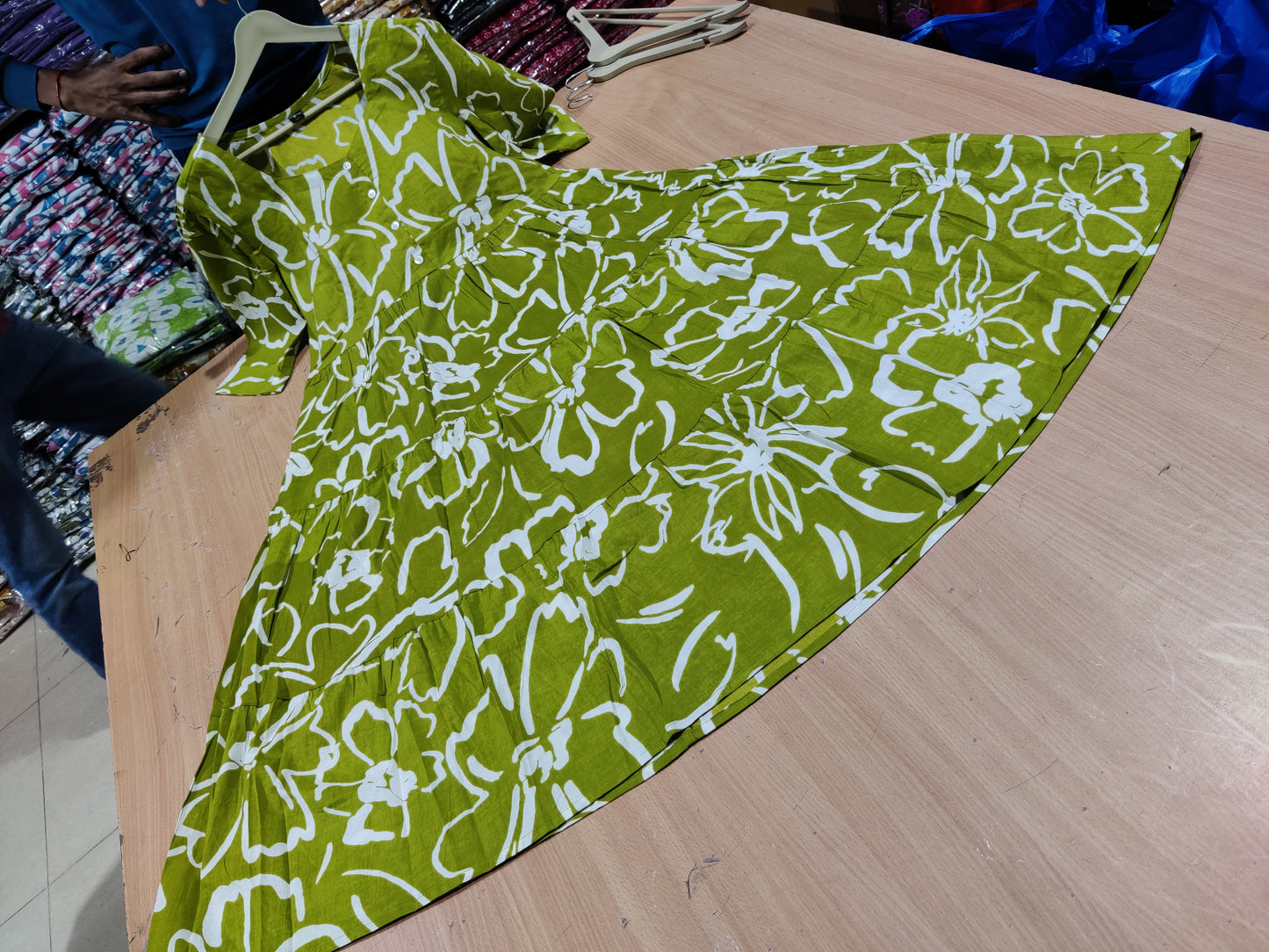 Lime Green Abstract Print Cotton Midi Dress
