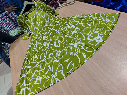 Lime Green Abstract Print Cotton Midi Dress
