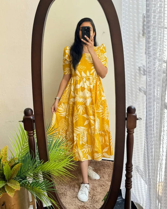 Mustard Yellow Tropical Leaf Print Cotton Midi Dress