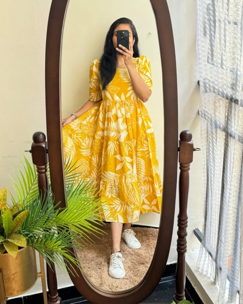Mustard Yellow Tropical Leaf Print Cotton Midi Dress