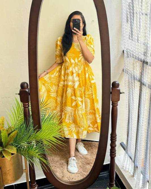 Mustard Yellow Tropical Leaf Print Cotton Midi Dress
