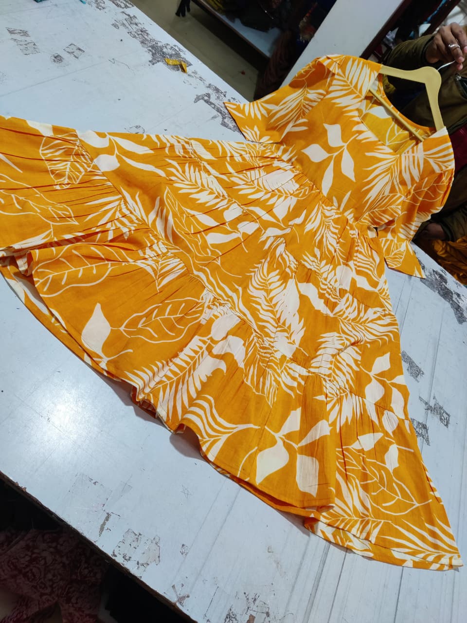 Mustard Yellow Tropical Leaf Print Cotton Midi Dress