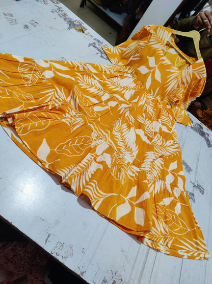 Mustard Yellow Tropical Leaf Print Cotton Midi Dress