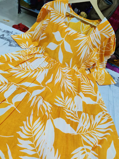 Mustard Yellow Tropical Leaf Print Cotton Midi Dress