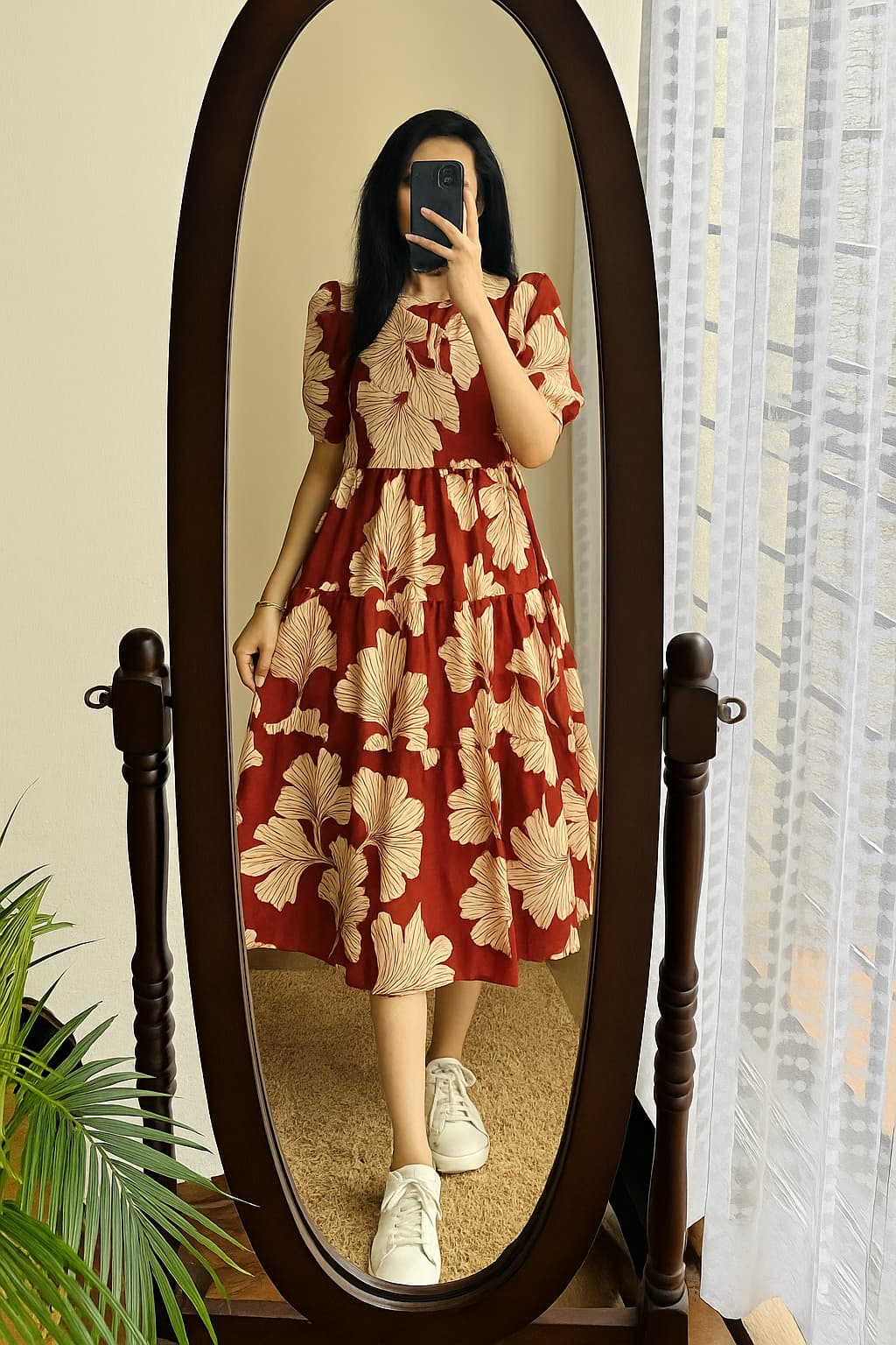 Rust Red Beige Floral Print Cotton Midi Dress