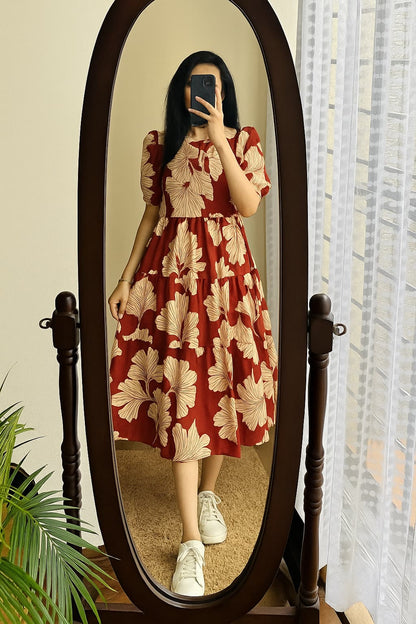 Rust Red Beige Floral Print Cotton Midi Dress