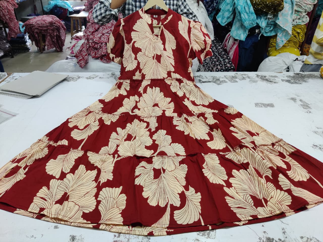 Rust Red Beige Floral Print Cotton Midi Dress